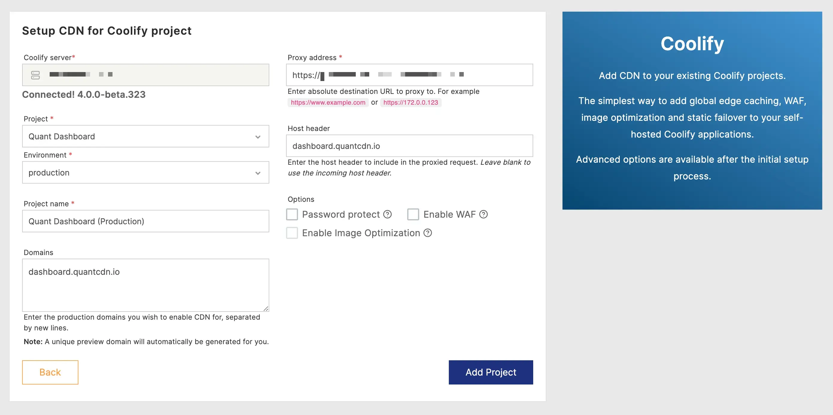 Filled Coolify form