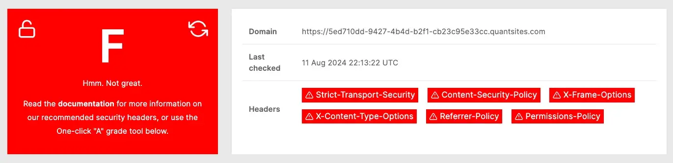 Default security headers: F grade